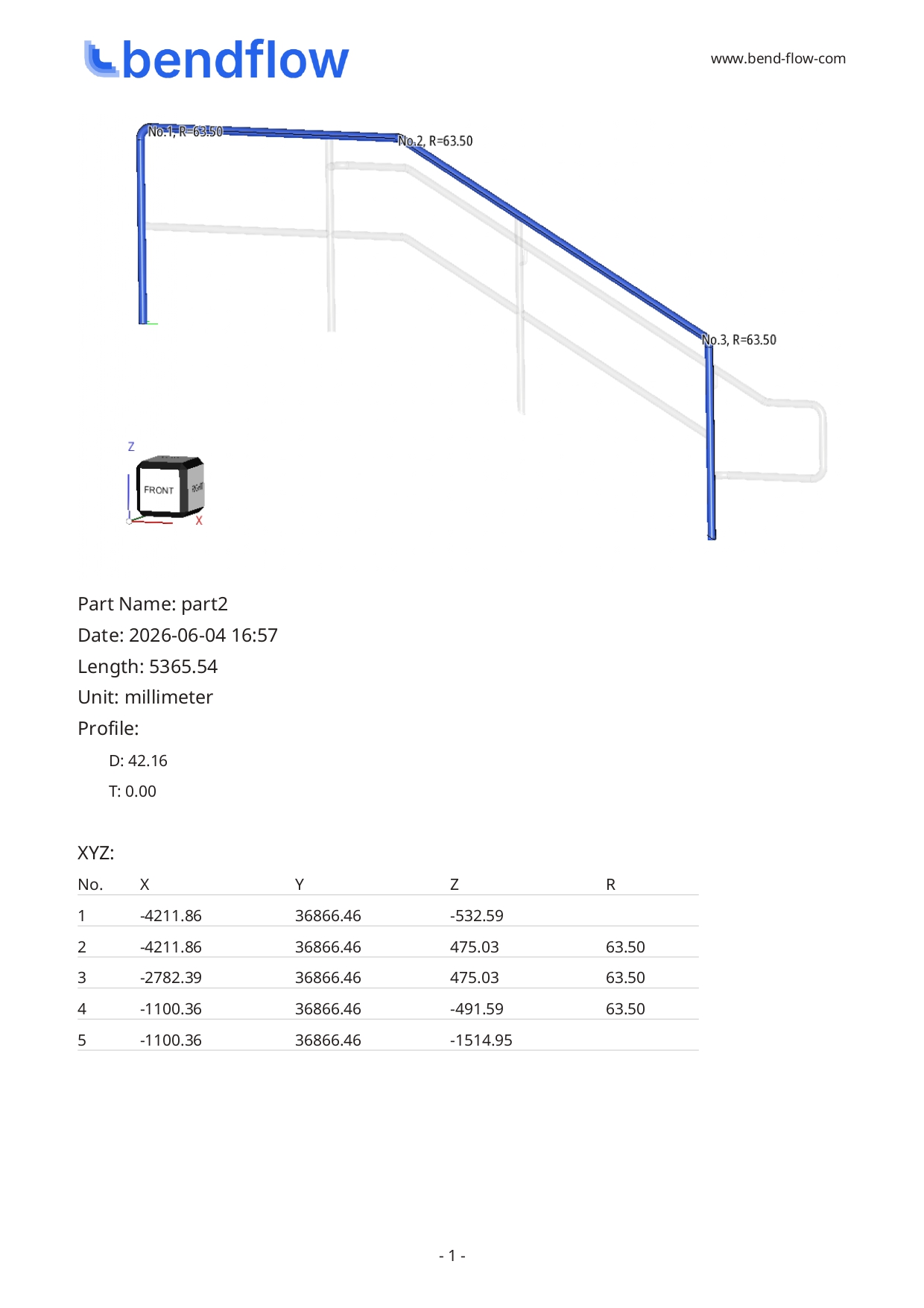Sample PDF report output — handrail tube part