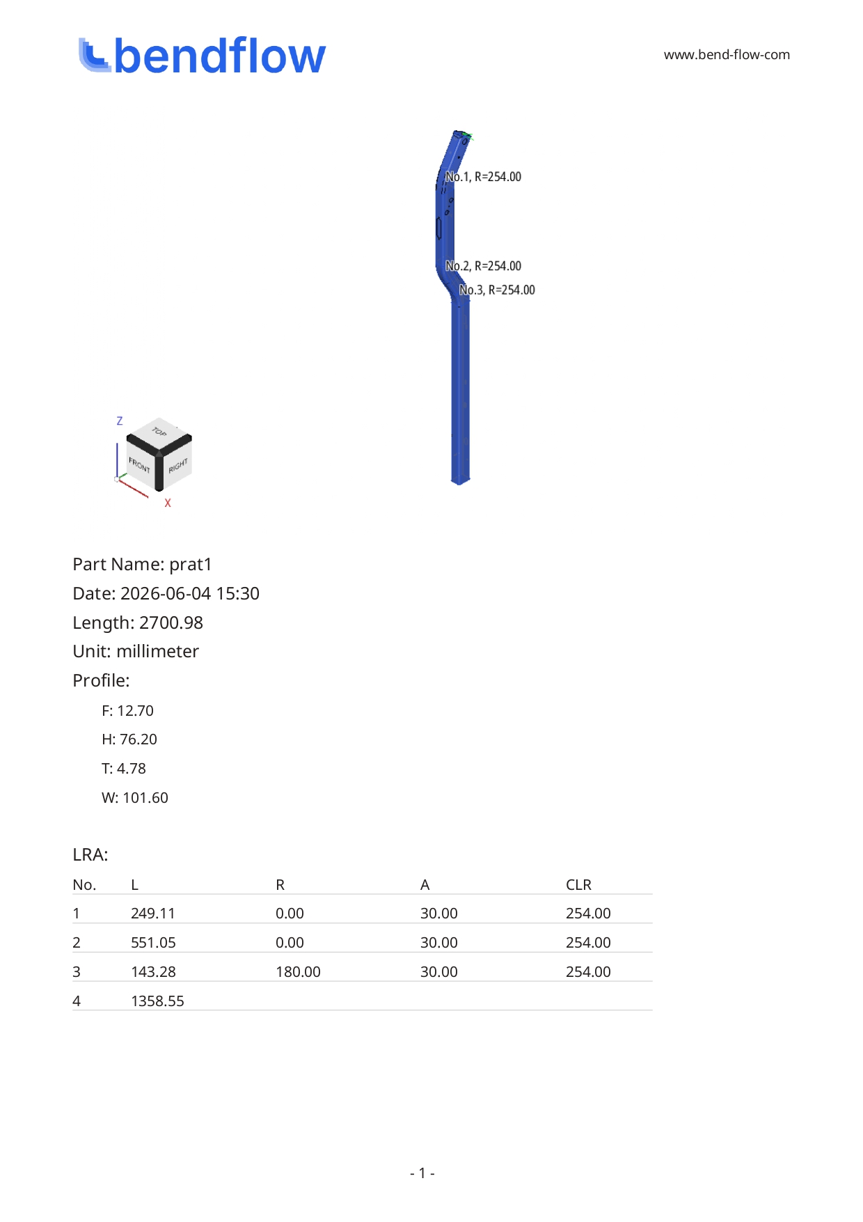 Sample PDF report output — bent tube part